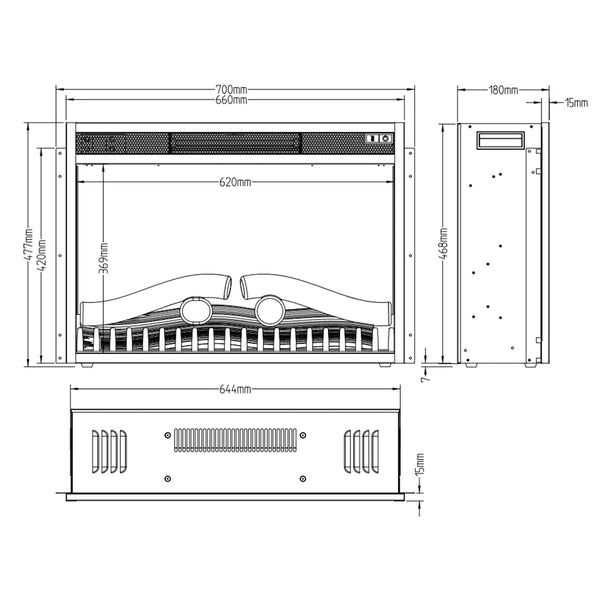 LED elkamin för inbyggnad - 67 cm