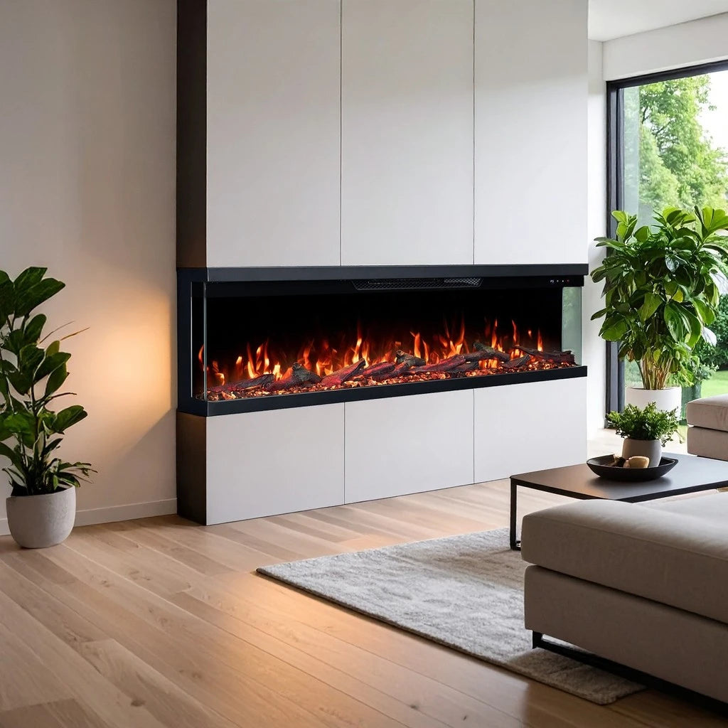 three sided electric fireplace in a living room