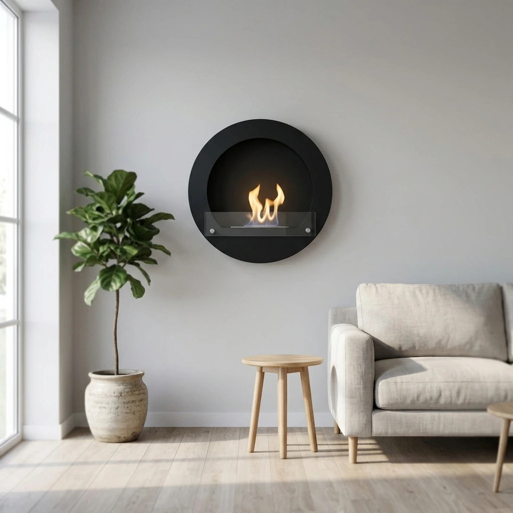 Round black wall-mounted bioethanol fireplace in a bright Scandinavian living room, lit flame