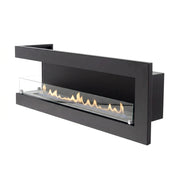 Corner bioethanol fireplace 115 cm, left model, on white background, lit with a realistic flame