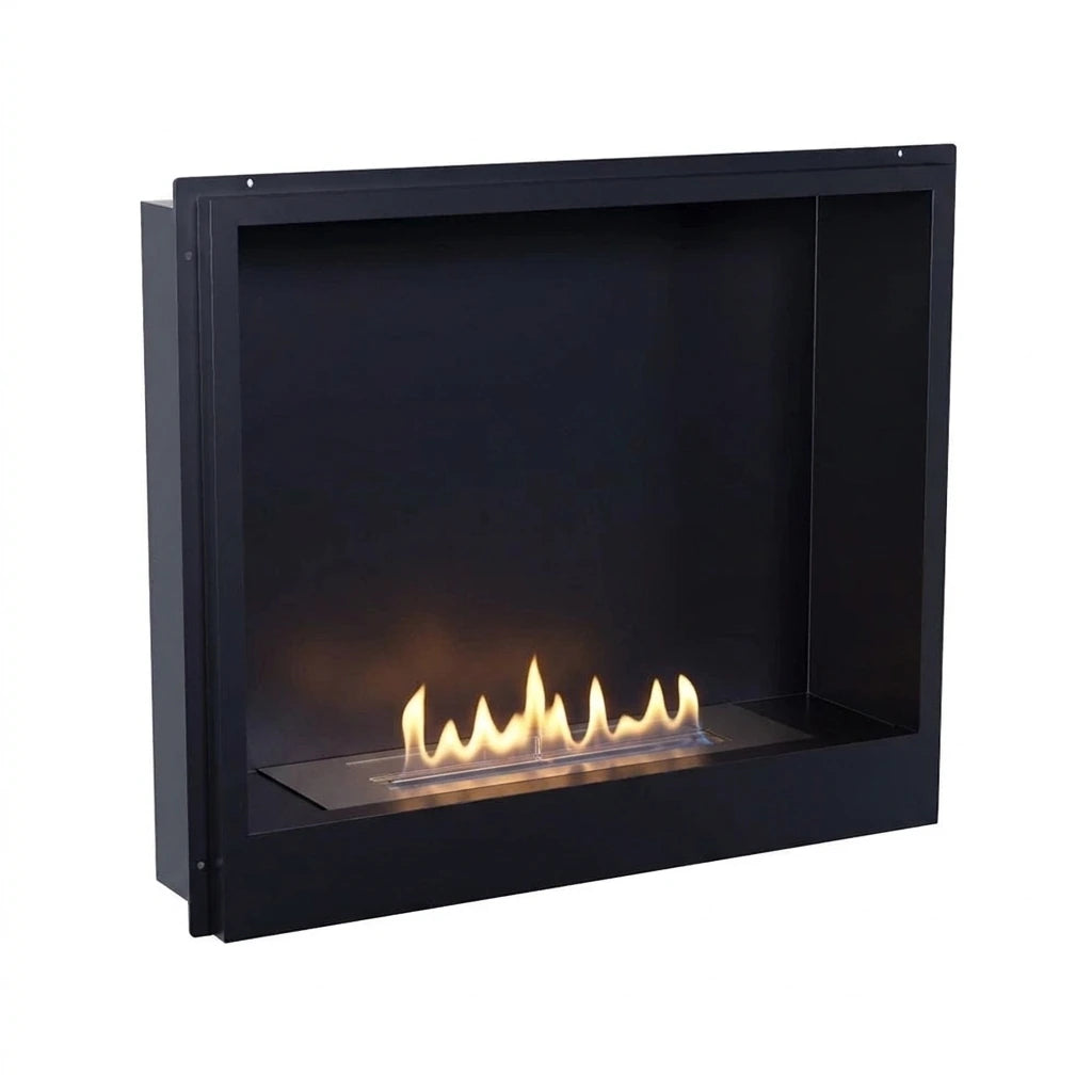 Black built-in bioethanol fireplace insert 60 cm, front view on white background, lit with a realistic flame