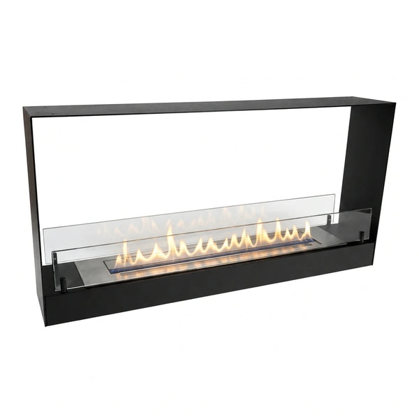Double-sided built-in bioethanol fireplace, front view with lit flame