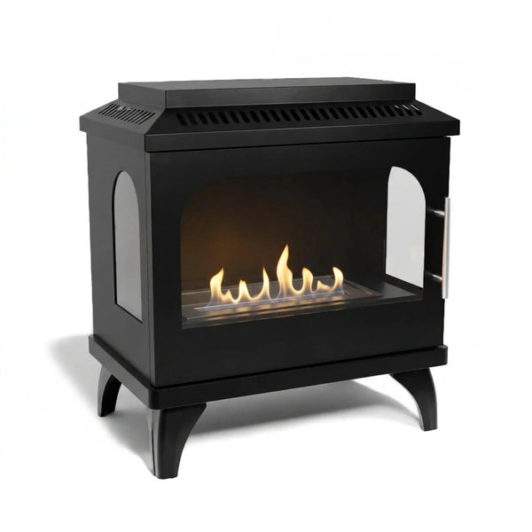 ScandiFlames Atlanta Single bioethanol stove with lit flame, angled studio view