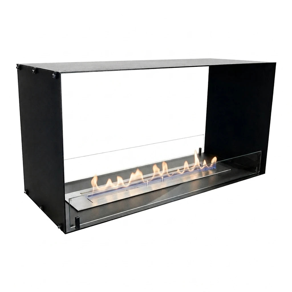 Foco Two 1000 see-through bioethanol fireplace, studio shot with lit flame