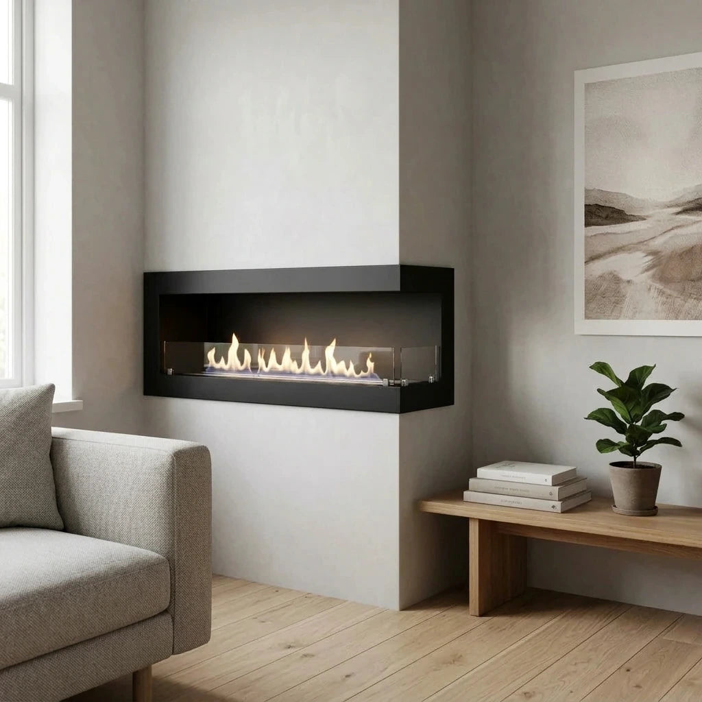 Right-facing corner bio fireplace 115 cm built into a light wall in a Scandinavian living room, lit realistic flame