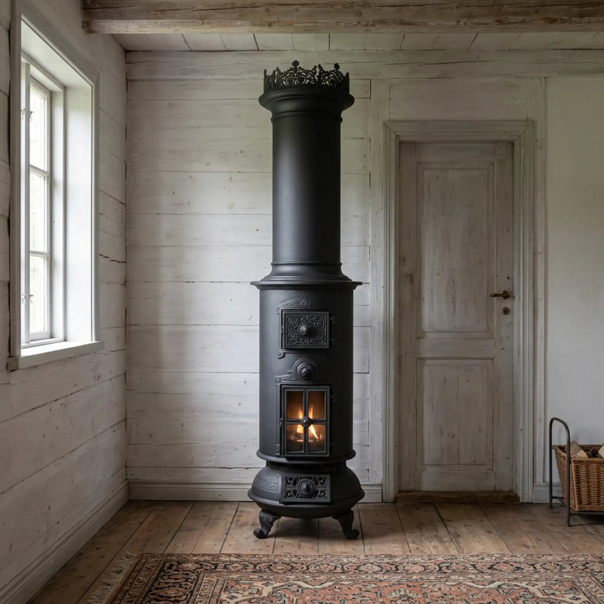 Westbo Classic black cast iron bioethanol fireplace, 206 cm tall, standing close to a white plank wall in a rustic room