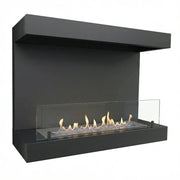 Dakota black three-sided wall-mounted bioethanol fireplace, angled studio shot with lit flame