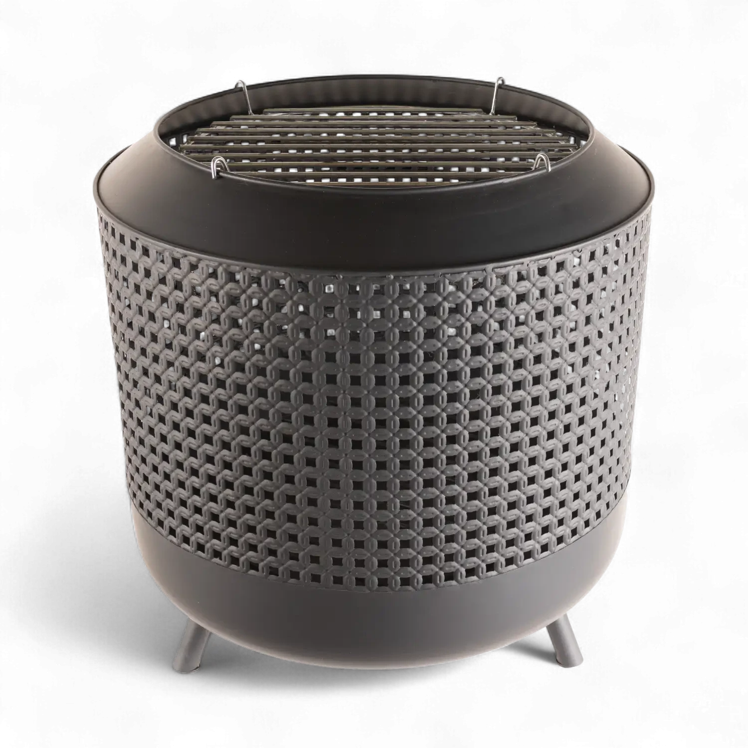 Midland fire basket with grill rack, designed for outdoor heating and cooking with a stylish design