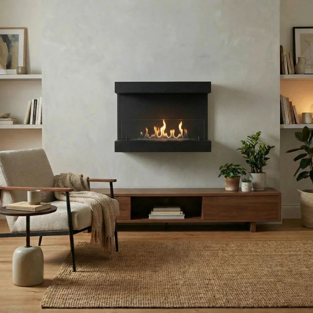Dakota black three-sided bio fireplace mounted above a wood console in a bright living room