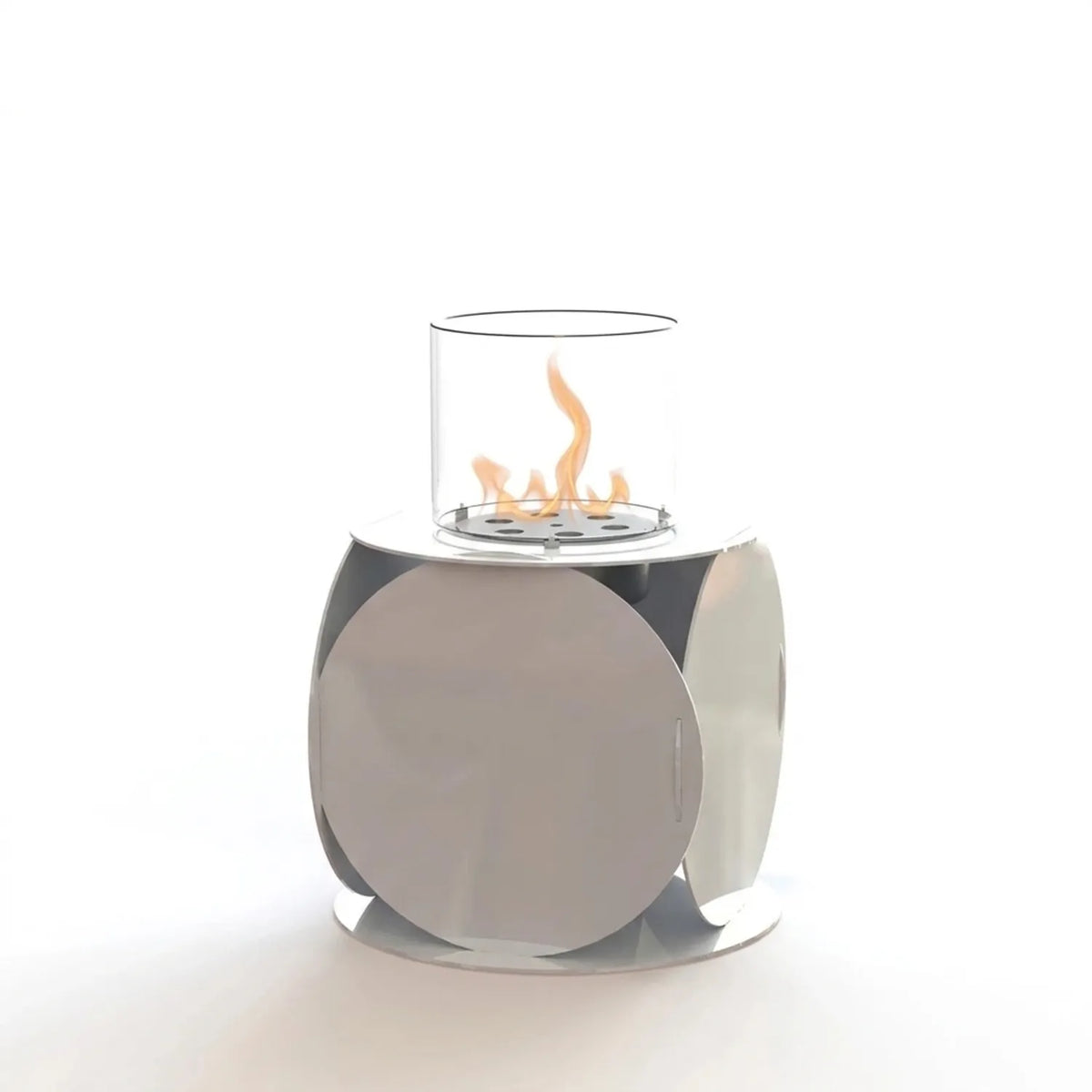 Lira white polished steel outdoor bioethanol fireplace with a glass cylinder and lit flame on a white background