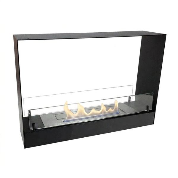 Built-in black bioethanol fireplace 60 cm, front view on white background with a realistic lit flame