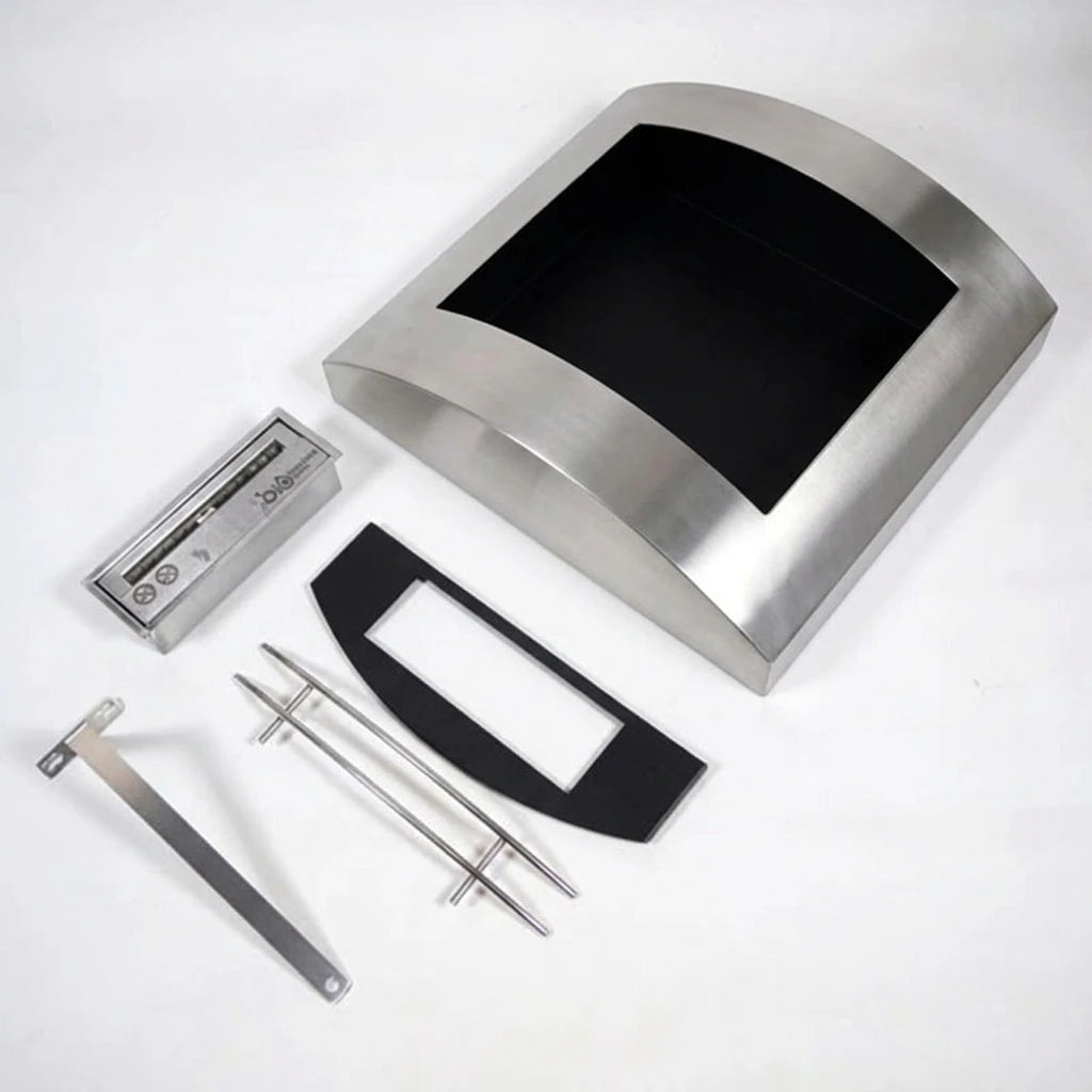 Stainless steel wall-mounted bio fireplace 60 cm parts: fireplace body, front plate, burner, mounting bracket and safety fence