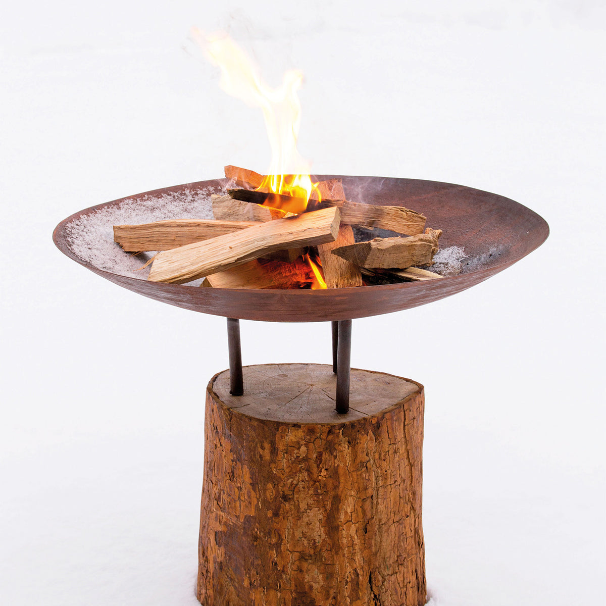 Corten stål fire pit på trästubbe