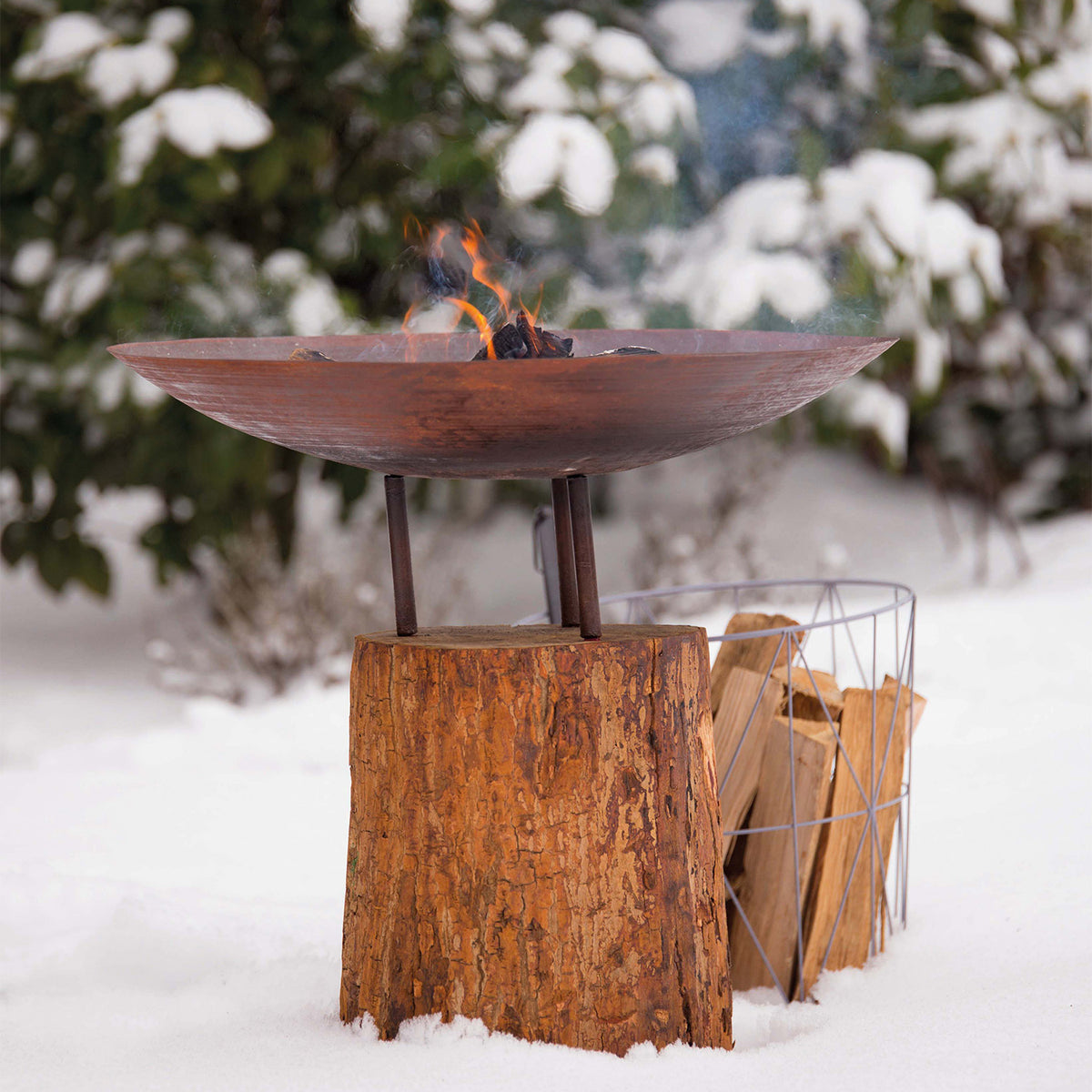 Corten stål fire pit på trästubbe