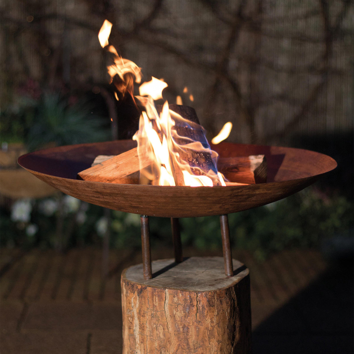 Corten stål fire pit på trästubbe