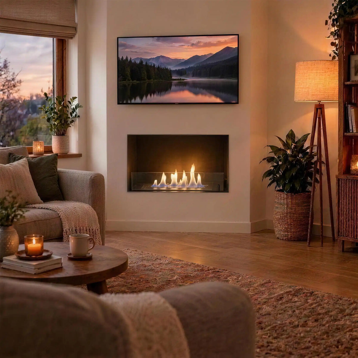 Foco One 800 Medium built into a plastered living room wall below a wall-mounted TV, realistic lit ethanol flame