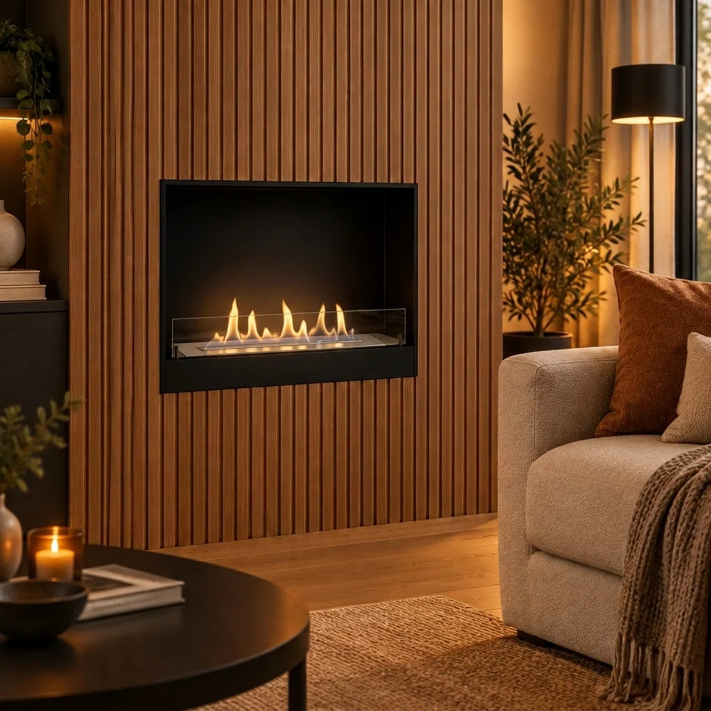 60 cm black bio fire insert lit and built into a modern wood-slat accent wall in a cozy living room
