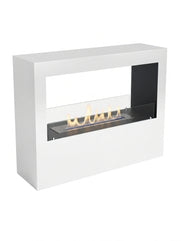 Lansing L White two-sided freestanding bio fireplace, angled studio shot on white background with a realistic lit flame