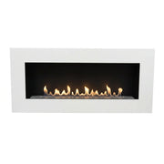 Murus 1200 matte white bio fireplace, front view on white background, lit with a realistic flame