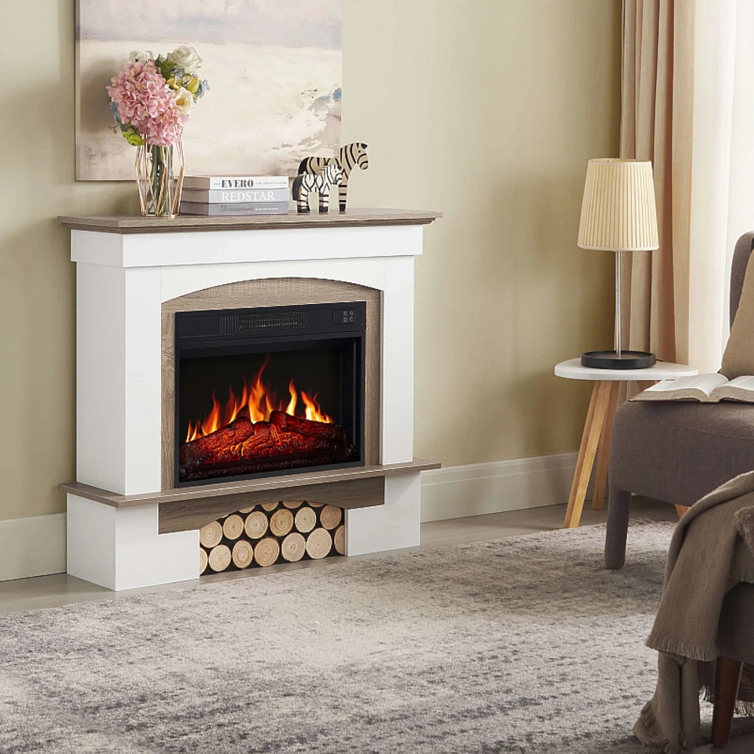 Woodley Electric Fireplace - White/Grey Oak Mantel