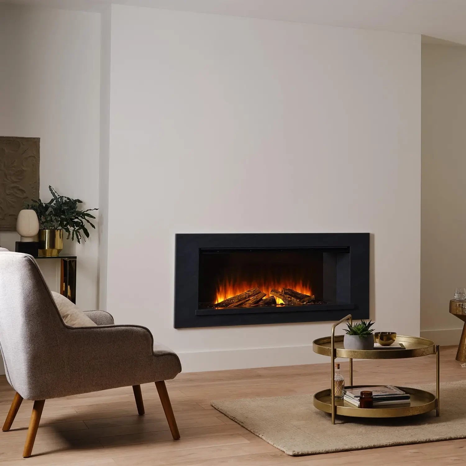 Holbury 1200 Grey Marble front-open built-in electric fireplace suite with open flame design and oak log set