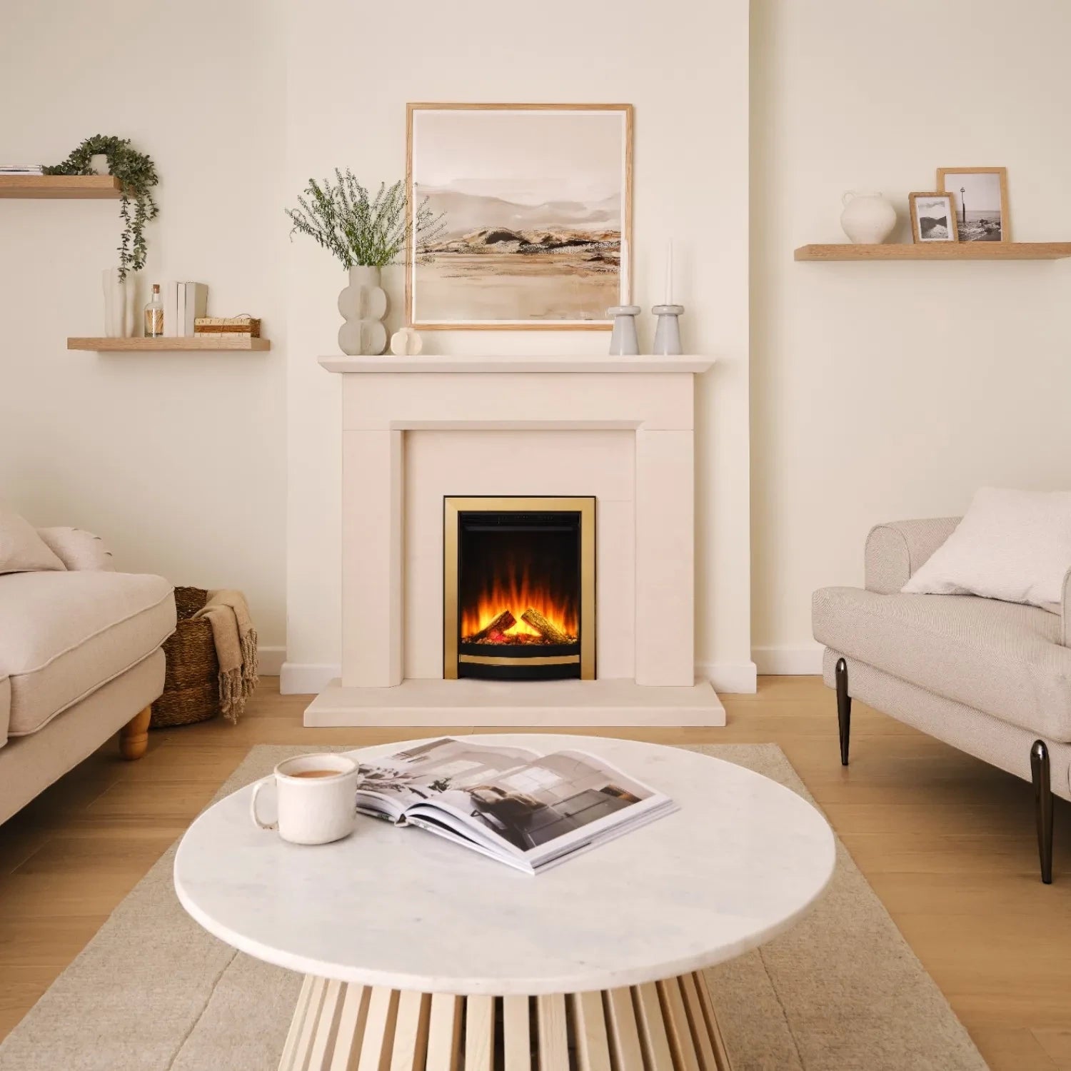 Sway Elegance Electric Fireplace with Black and Brass Front Panel – Built-in Electric Fireplace