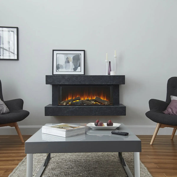 Winchester 870 Grey Marble wall-mounted electric fireplace suite with mantel and three-sided flame view