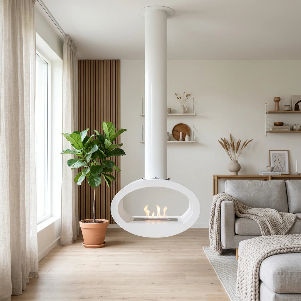 White 2-sided ceiling mounted bio fireplace hanging from the ceiling in a bright living room, lit realistic flame