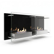 Double Nevada bioethanol wall-mounted fireplace with two realistic lit ethanol flames behind black and clear glass panels, studio photo on white background