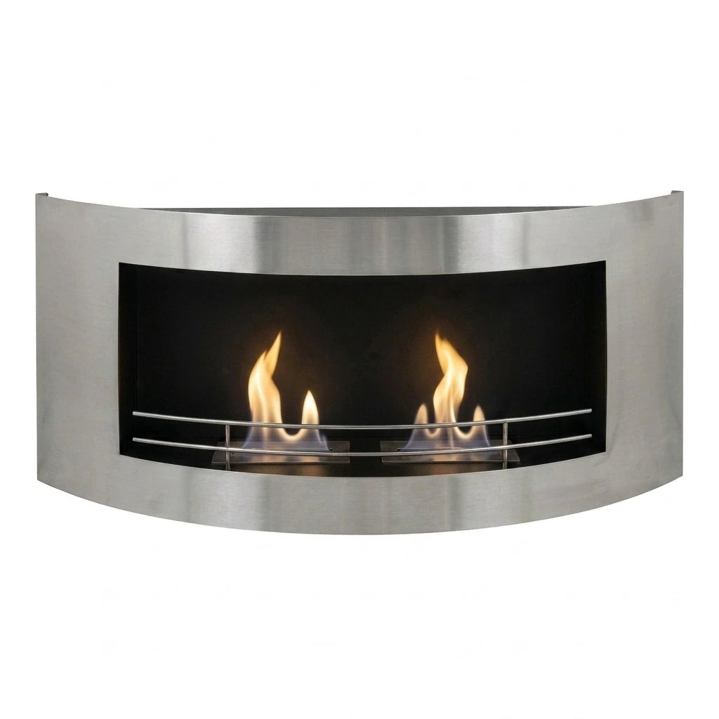 Curved stainless steel wall-mounted bioethanol fireplace with two lit burners, front view