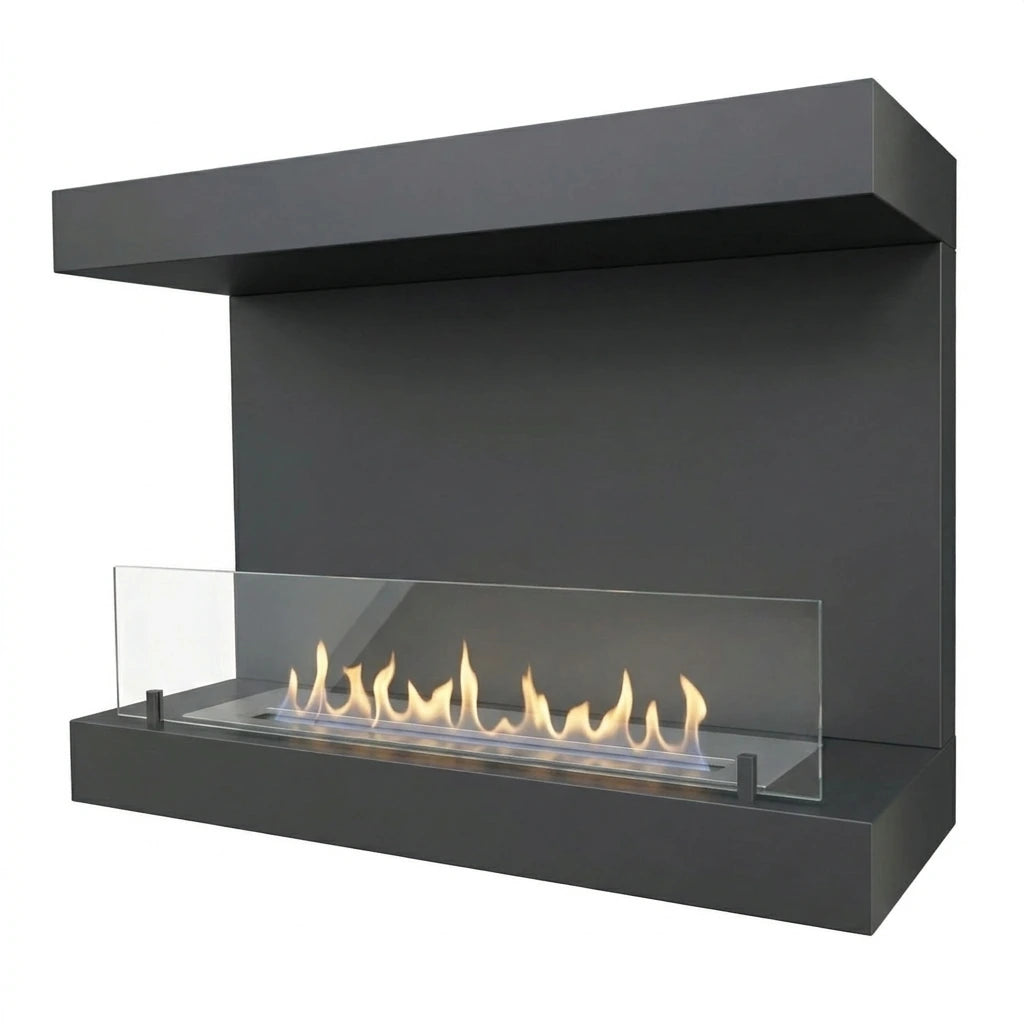 Dakota black three-sided bio fireplace, mirrored angle with lit flame on white background