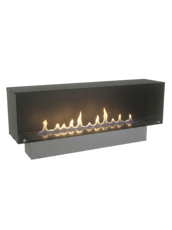 Foco One 1800 bioethanol fireplace with a realistic lit flame, white background studio shot