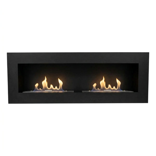 Murus 1600 black bio fireplace, front view on white background, lit with a realistic flame