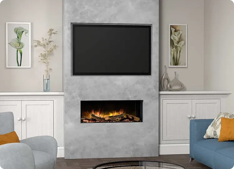 Mediavägg med TV och elektrisk kamin från Flamerite