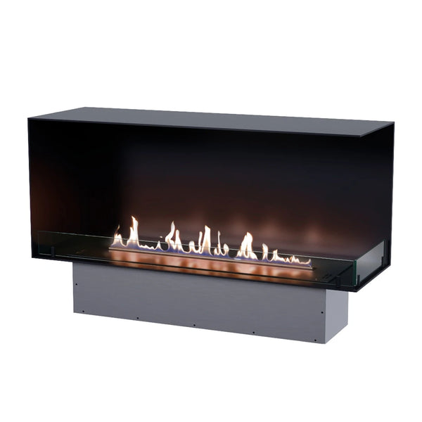 Foco Corner Right 1200 - corner bioethanol fireplace with lit flame, studio shot