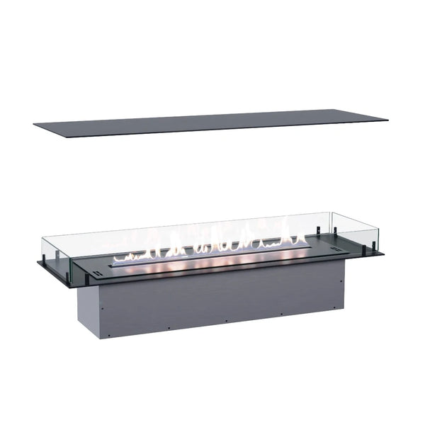 Foco Four 1200 four-sided built-in bioethanol fireplace with a realistic lit ethanol flame, white-background studio shot with the top plate shown detached above.