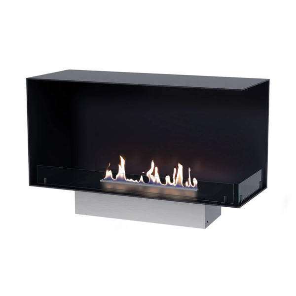 Foco Corner Right 1000 with a realistic lit ethanol flame, white-background studio shot on its installation base.