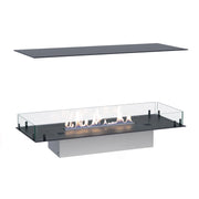 Foco Four 1000 four-sided built-in bioethanol fireplace with a realistic lit ethanol flame, white-background studio shot with the top plate shown detached above.