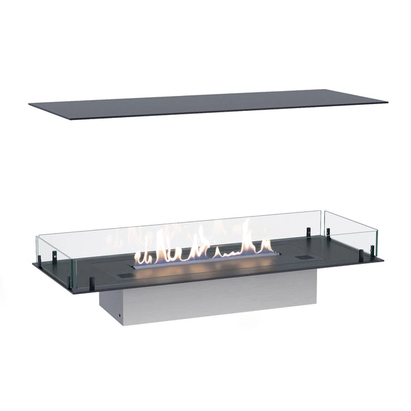 Foco Four 1000 four-sided built-in bioethanol fireplace with a realistic lit ethanol flame, white-background studio shot with the top plate shown detached above.