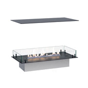 Foco Four 800 four-sided built-in bioethanol fireplace with a realistic lit ethanol flame, white-background studio shot with the top plate shown detached above.