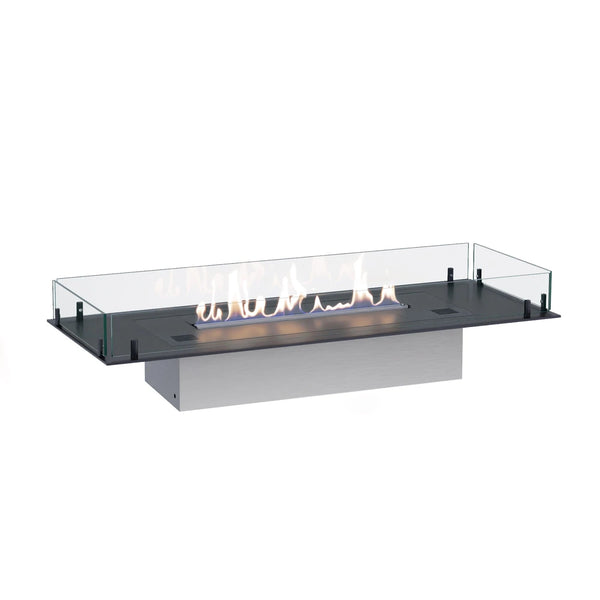Foco Free 1000 - lit ethanol flame on its stainless steel base, white-background studio shot