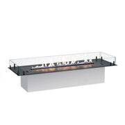 Foco Free 1200 built-in bioethanol fireplace insert with a lit flame, white background studio shot on its base