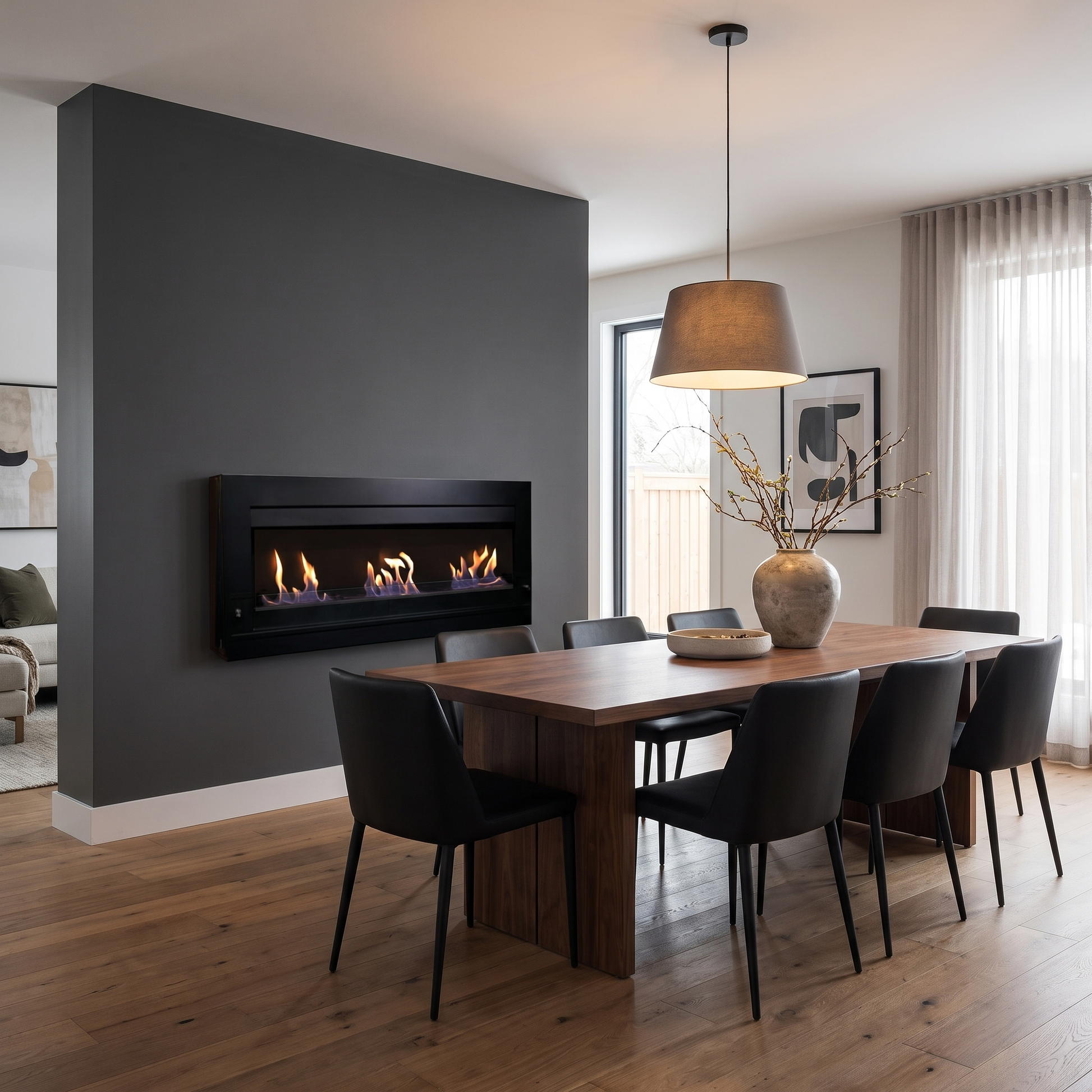 XL wall-mounted black bioethanol fireplace with lit flames, styled above a dark walnut dining table in a modern charcoal-grey dining room