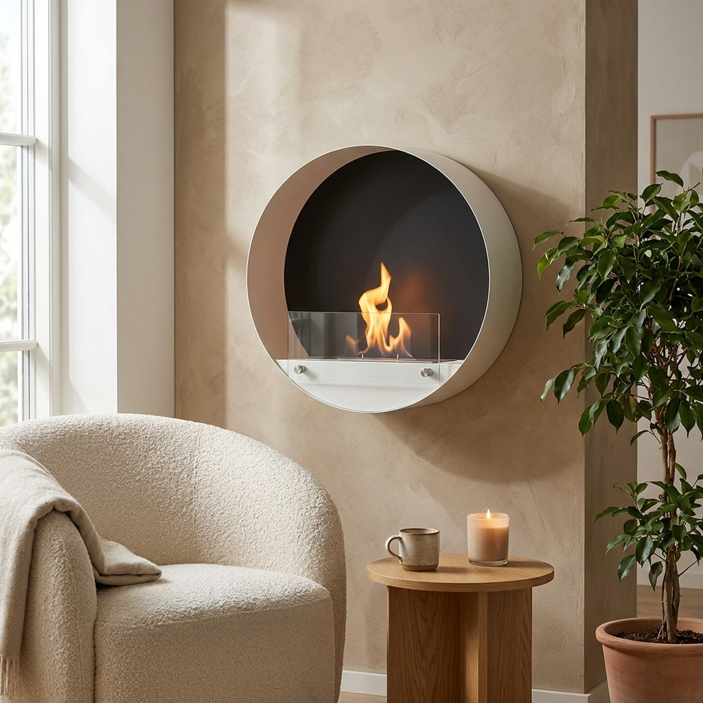 Delaware white round bio fireplace mounted on a warm plaster wall in a cozy living room, lit flame