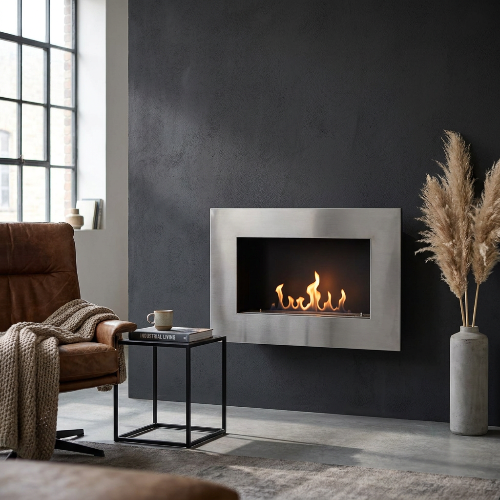 Murus 800 brushed steel bio fireplace mounted on a charcoal wall in an industrial-style living room, lit flame