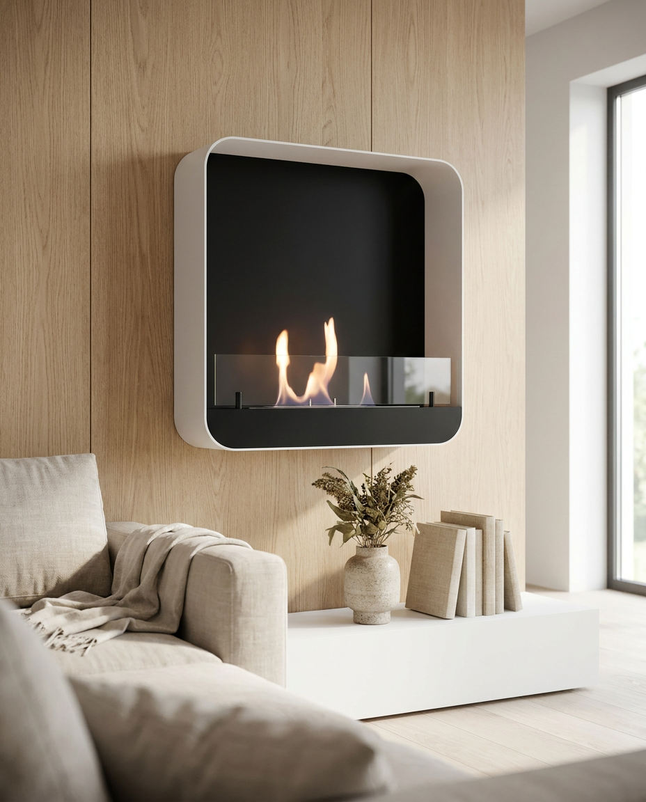 Ohio 60 White bio fireplace mounted on a light oak wall in a bright Scandinavian living room with a linen sofa