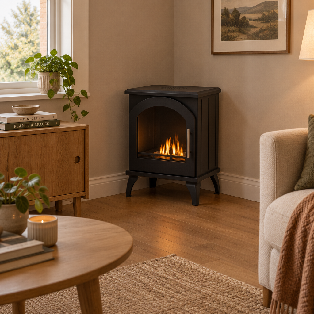 ScandiFlames Austin black bioethanol stove lit in the corner of a warm living room with plants and a wood cabinet