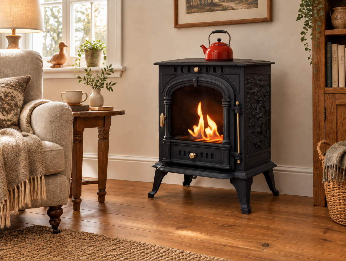 ScandiFlames Bergen cast iron bioethanol stove in a cozy living room with the decorative top removed, showing the exposed cooking plate with a red enamel kettle heating on top (kettle not included)