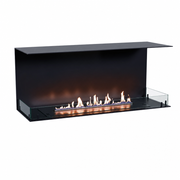Foco Three 1200 with a realistic lit ethanol flame, white-background studio shot.