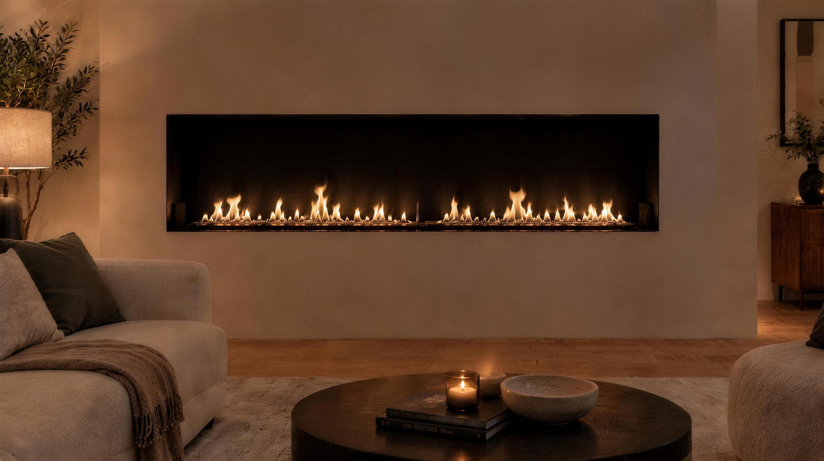 Foco One 2300 built into a TV and media wall, lit flame